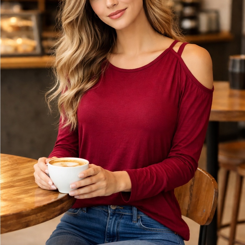 Elegant Maroon Cold Shoulder Long Sleeve Top
